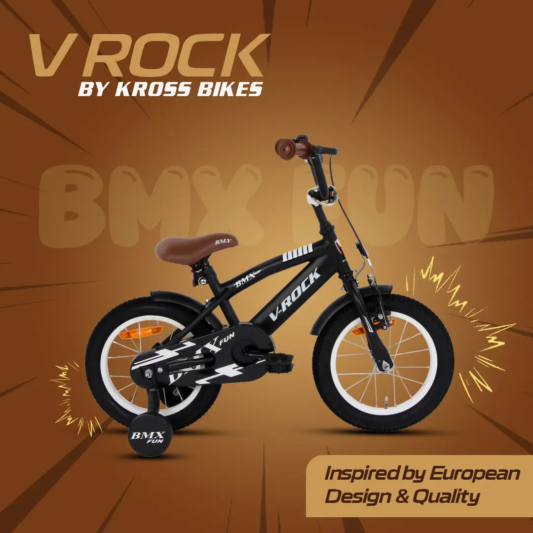 V Rock 14T Bmx Fun Kids Bicycle With Training Wheels, Matt Black Steel Frame, Single Speed, Front V-Brake & Coaster Brak 1