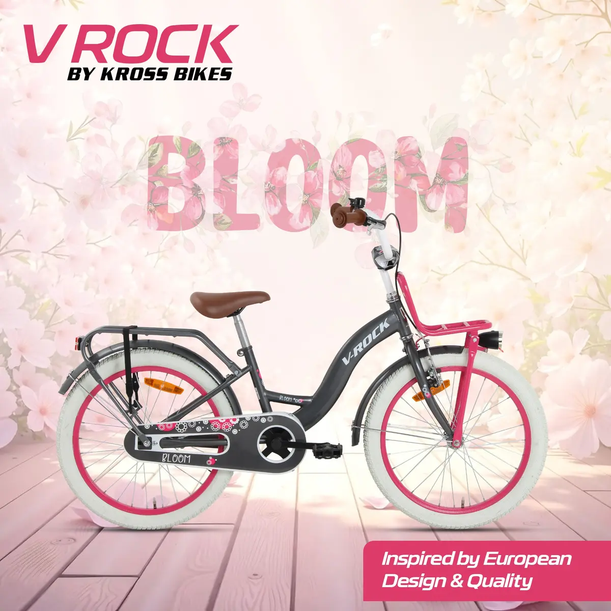 V Rock 20T Bloom Grey Kids Bicycle With Dual Carriers, Led Lights & V-Brake – Single Speed 1