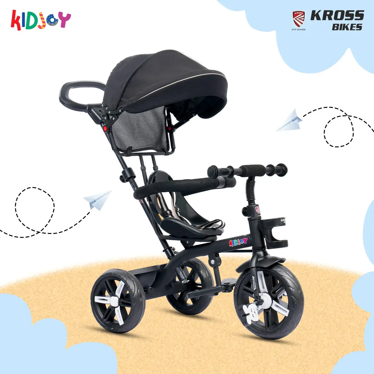 Kidjoy Ex-1 3-In-1 Kids Tricycle With Adjustable Parental Handle, Detachable Canopy, Eva Tyres, Safety Belt & Rear Basket (1–4 Years) (Black/White) 1