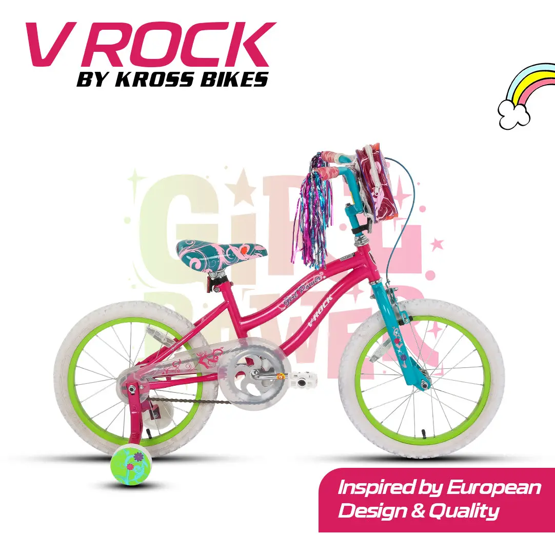 V Rock Girl Power 18T Bicycle For Kids (4–7 Years) | Pink–Turquoise, Steel Frame, Training Wheels 1