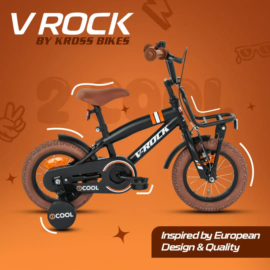 V Rock 2 Cool 12T Kids Bicycle | 12-Inch Steel Frame | Rubber Tyres | Front V-Brake & Rear Coaster Brake | Adjustable Seat | Training Wheels | Age 4–7 Years (Black) 1