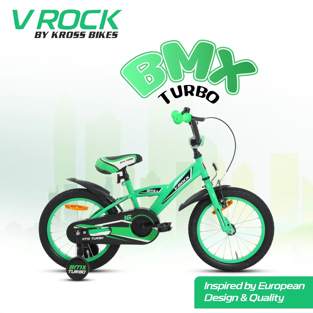 V Rock 16T Bmx Turbo Green Kids Bicycle With Training Wheels & Coaster Brake 1
