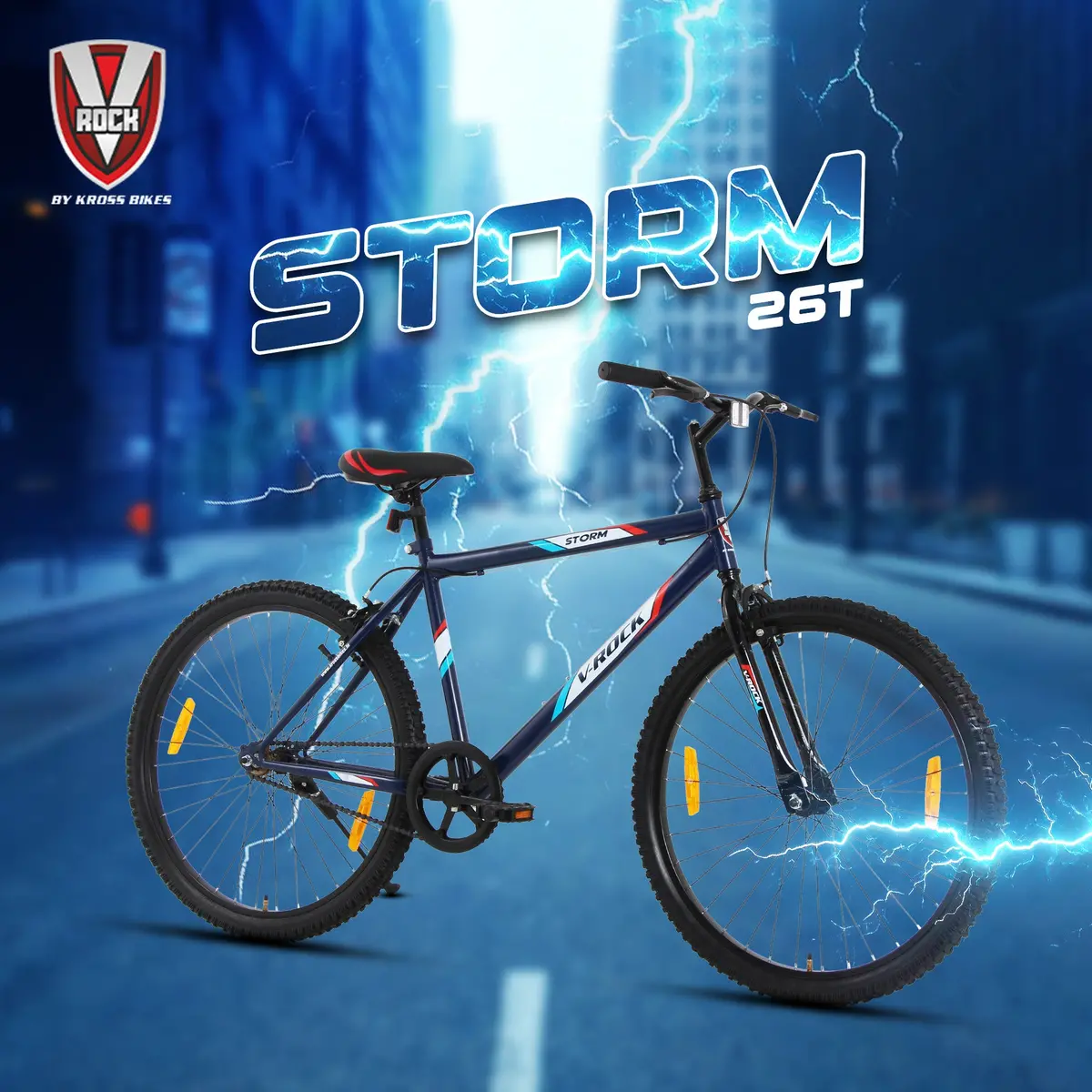 V Rock Storm 26T, Single Speed Mountain Bike, Steel Frame, Rigid Fork, Caliper Brakes Blue 1