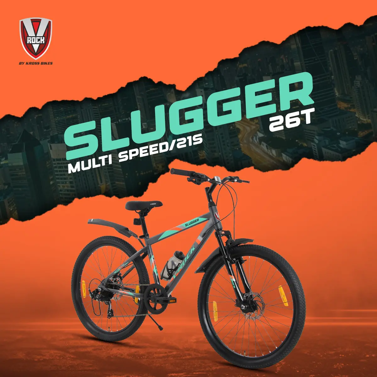 V Rock Slugger 26T 7 Speed Mountain Bike With Suspension Fork, Disc Brakes & Steel Frame (Grey) 1