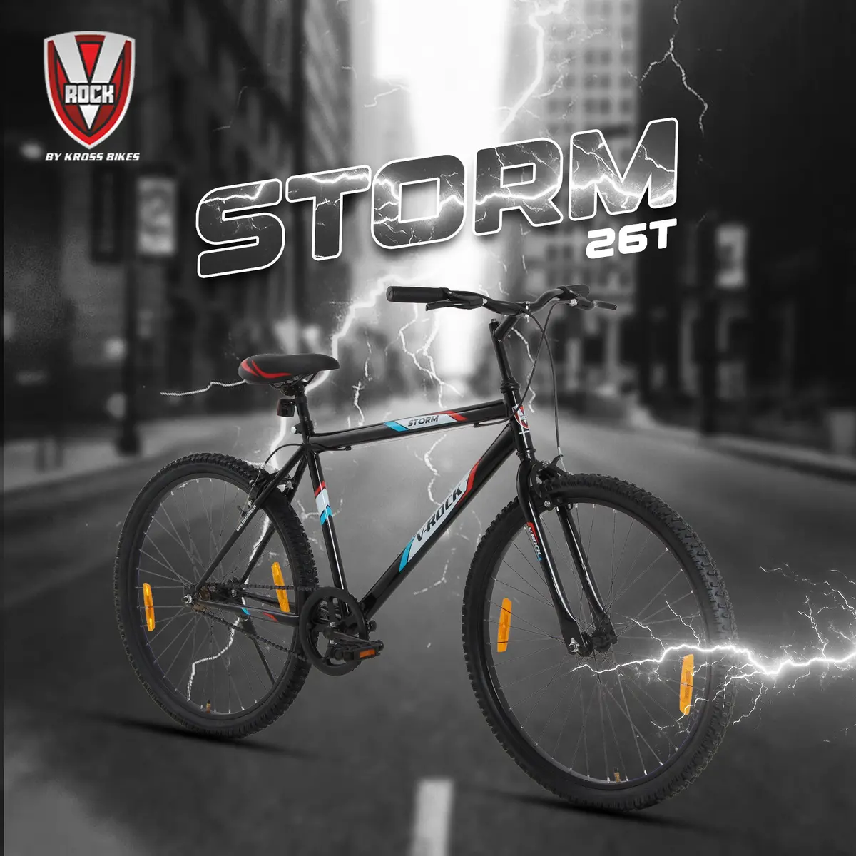 V Rock Storm 26T, Single Speed Mountain Bike, Steel Frame, Rigid Fork, Caliper Brakes Black 1