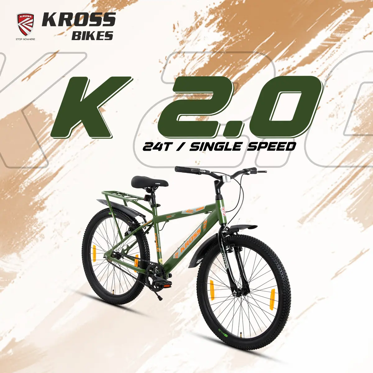 Kross K 2.0 24T Single Speed Kids Bicycle – Steel Frame, V-Brakes, 24X2.40 Tyres, Army Green 1
