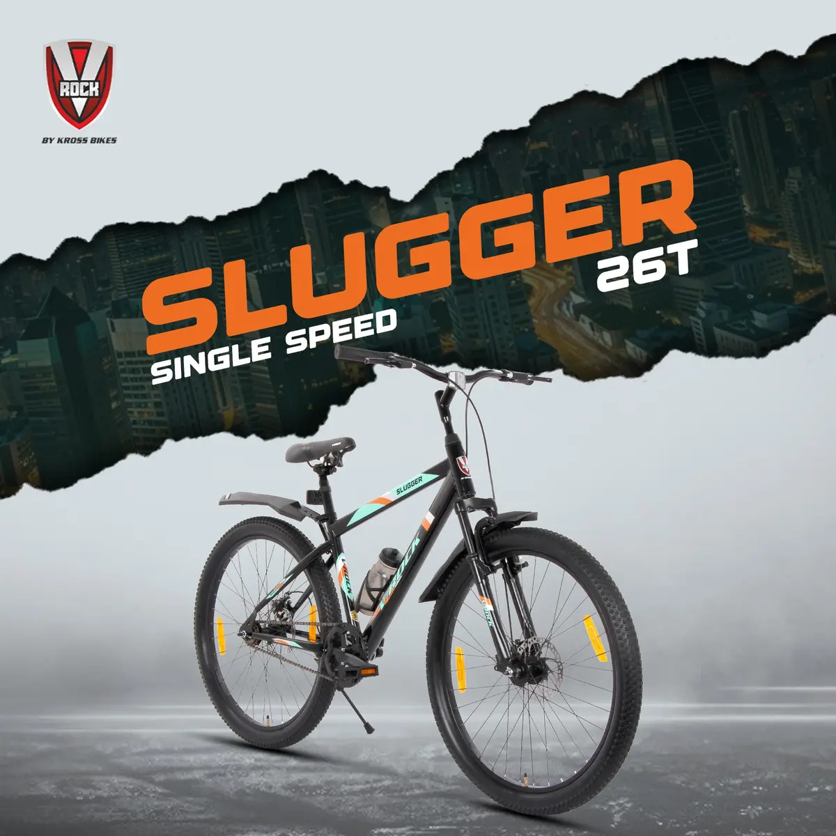 V Rock Slugger 26T Single Speed Mountain Bike With Suspension Fork, Disc Brakes & Steel Frame (Black) 1