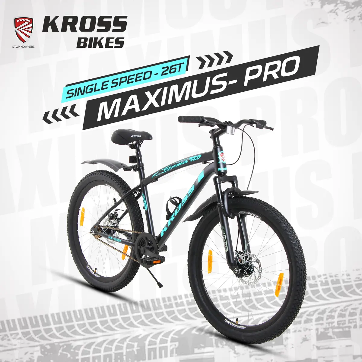 Kross Maximus Pro 26T Mountain Bike – Steel Frame, Suspension Fork, Dual Disc Brakes, Wide 2.35” Tyres (Black-Blue, Single Speed) 1