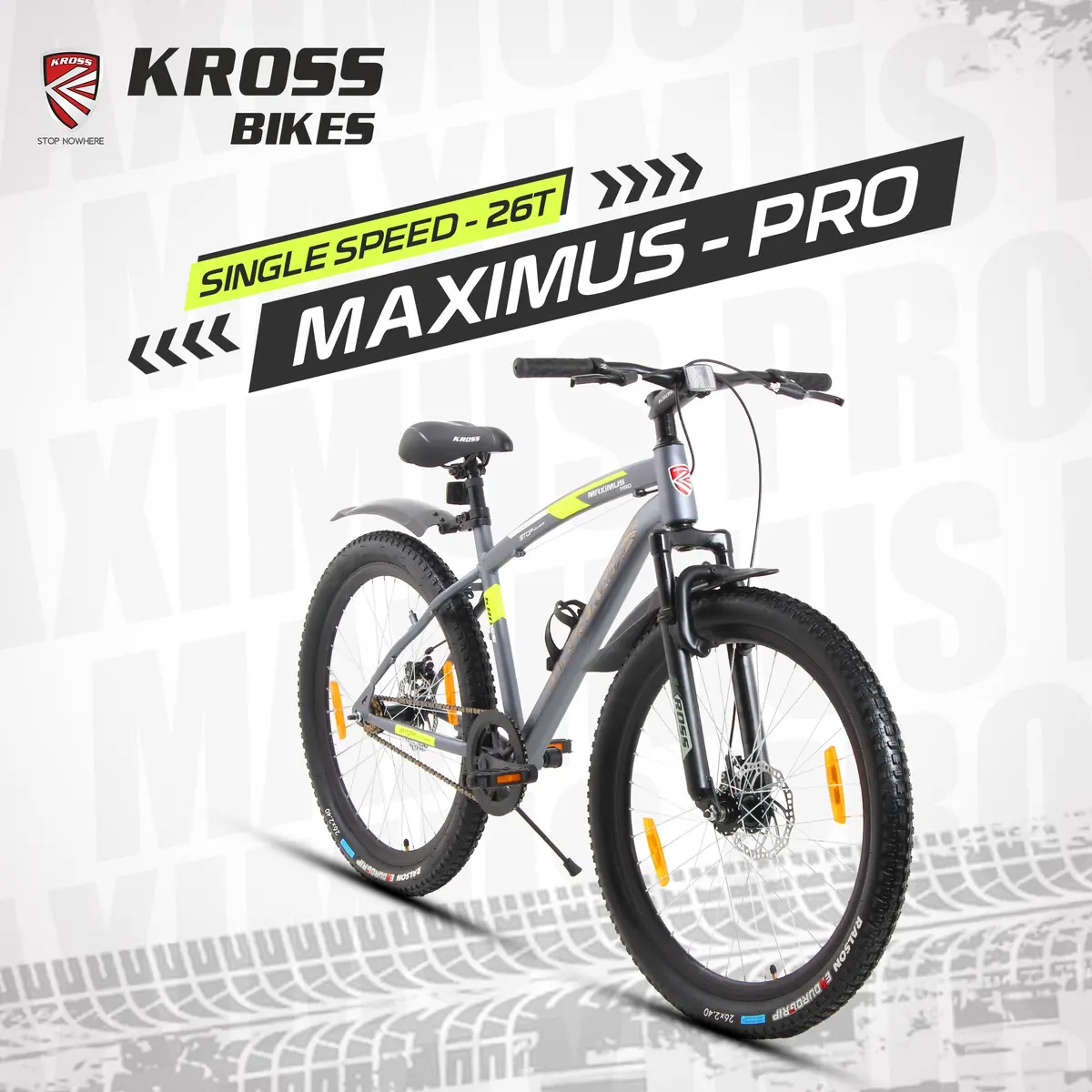 Maximus Pro 26T Single Speed Mountain Bike With Suspension Fork, Dual Disc Brakes, Steel Frame, 2.4” Tyres & Alloy Double-Wall Rims (Grey) 1