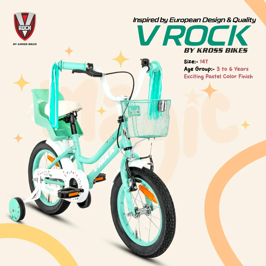 V Rock Magic 14T Kids Bicycle – Magic White With Turquoise Accessories | Training Wheels | Basket & Doll Carrier 1