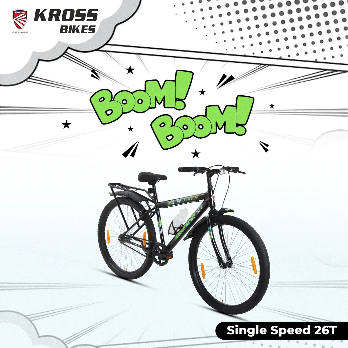 Kross Boom Boom 26T Inbuilt Carrier| Single Speed Mountain Cycle With Caliper Brakes | 26 Inch (Black) (Copy) 1