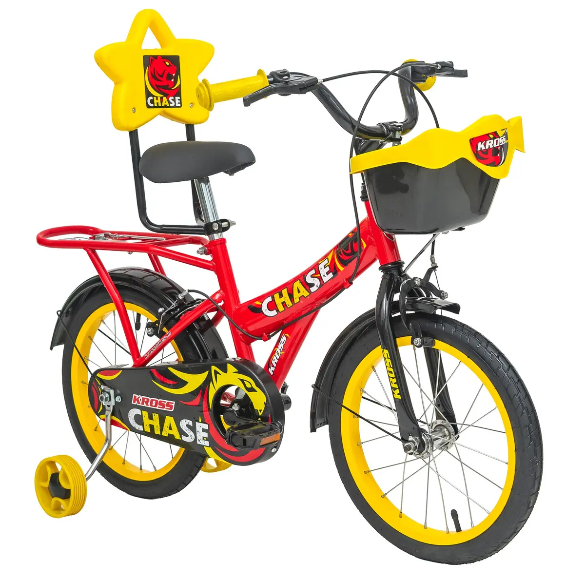 Kross Chase 16T Kids Bicycle With Caliper Brakes & Training Wheels – Ideal For 4–6 Years (Red/Yellow) 1