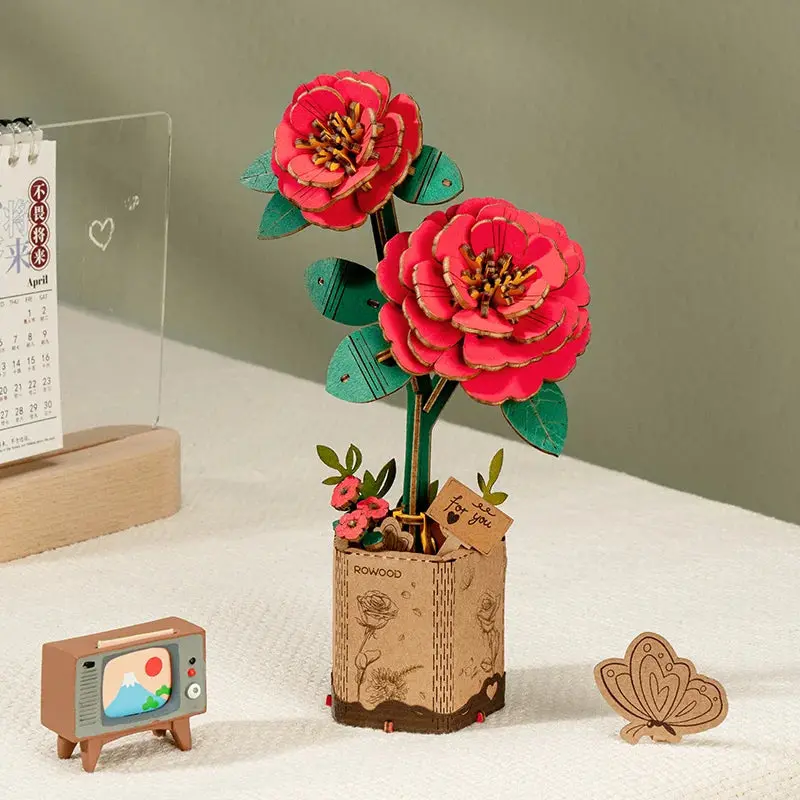 Roetw031 Rowood Diy Wooden Red Camellia 3D Wooden Puzzle 1