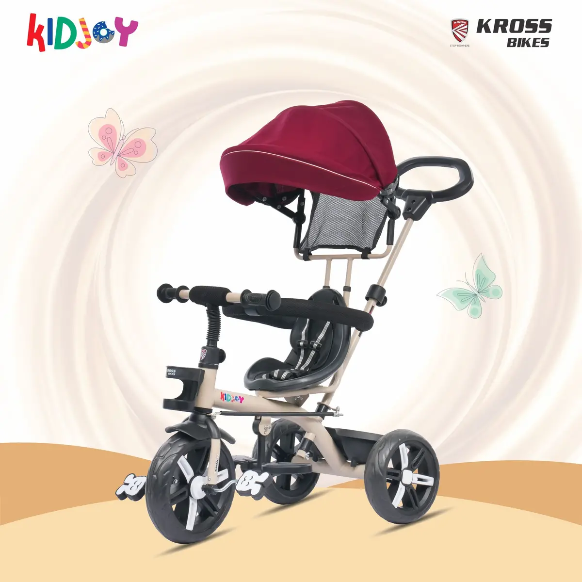Kidjoy Ex-1 3-In-1 Kids Tricycle With Adjustable Parental Handle, Detachable Canopy, Eva Tyres, Safety Belt & Rear Basket (1–4 Years) (Brown/Maroon) 1
