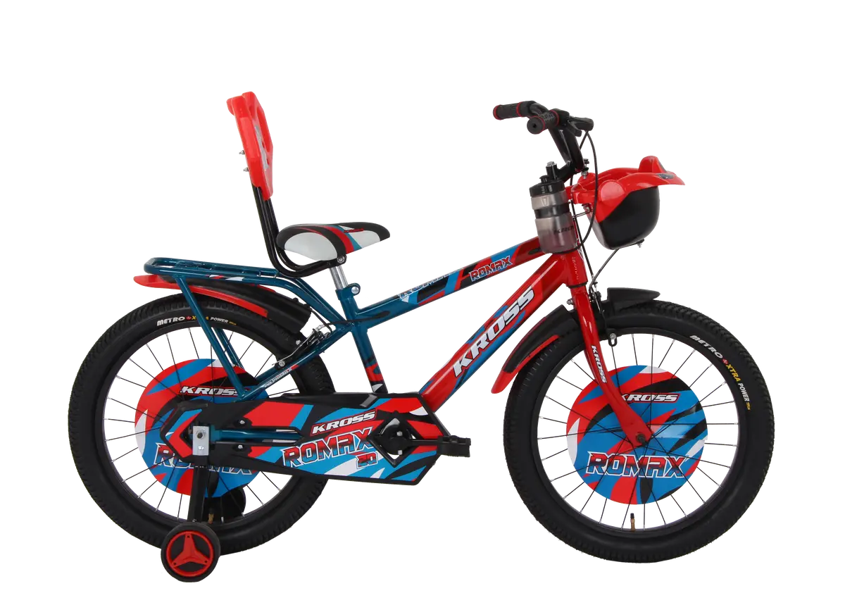 Kross Romax 20T Kids Bicycle – Dual Color Frame, Single Speed, Caliper Brakes, Water Bottle Set, Basket, Mudguards & Training Wheels 1