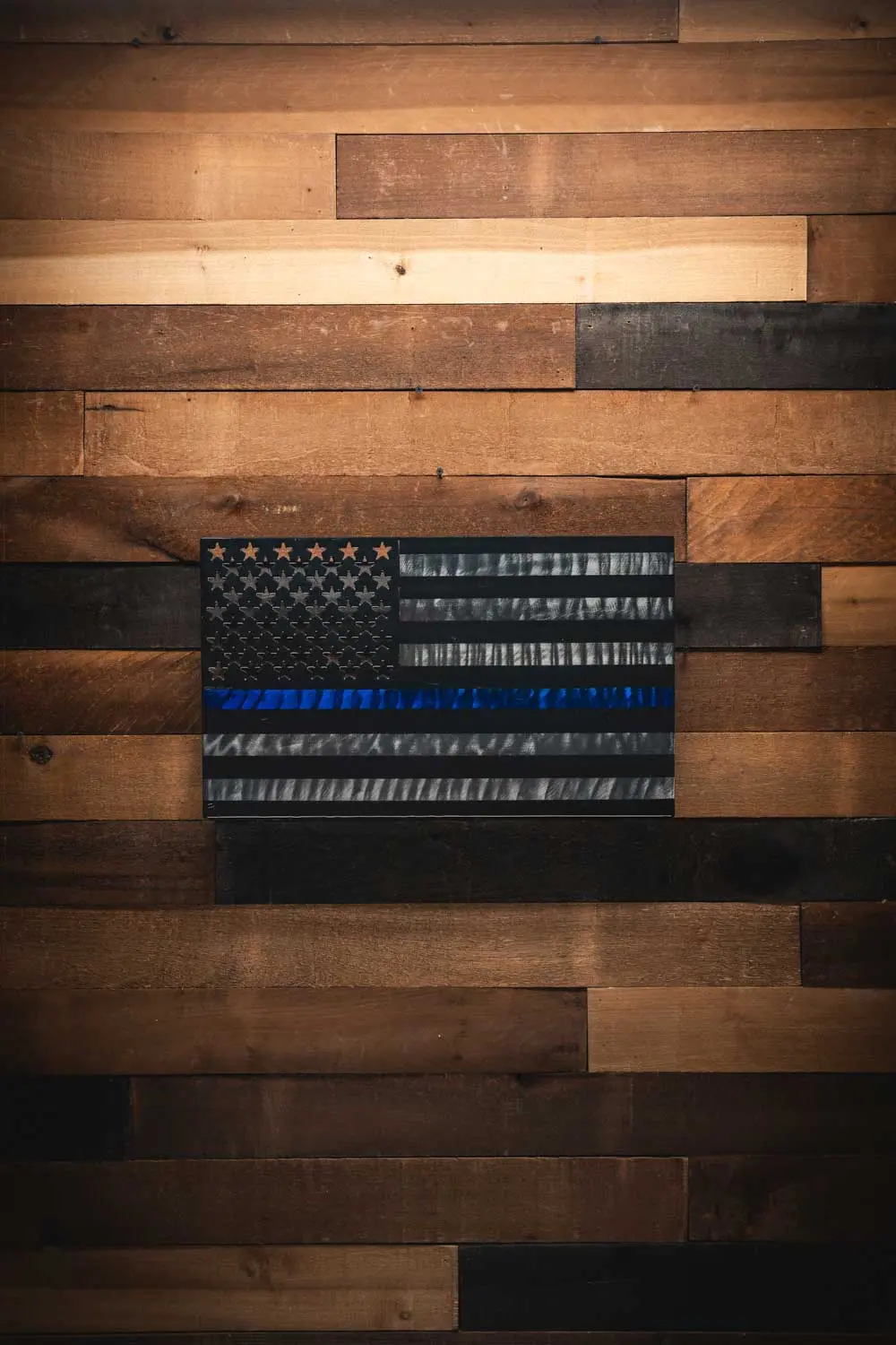 Polished Steel Thin Blue Line Flag - Molten Metal Wall Art 1