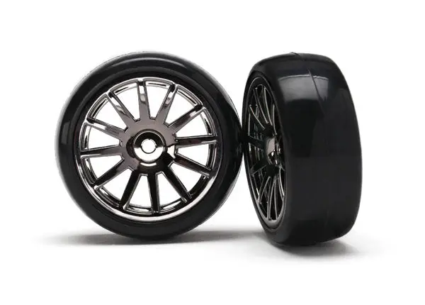 7573A Traxxas Latrax Pre-Mounted Slick Tires & 12-Spoke Wheels (Black Chrome) 1