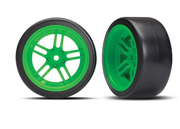 8377G Traxxas Tires And Wheels, Assembled, Glued (Split-Spoke Green Wheels, 1.9' Drift Tires) (Rear) 1