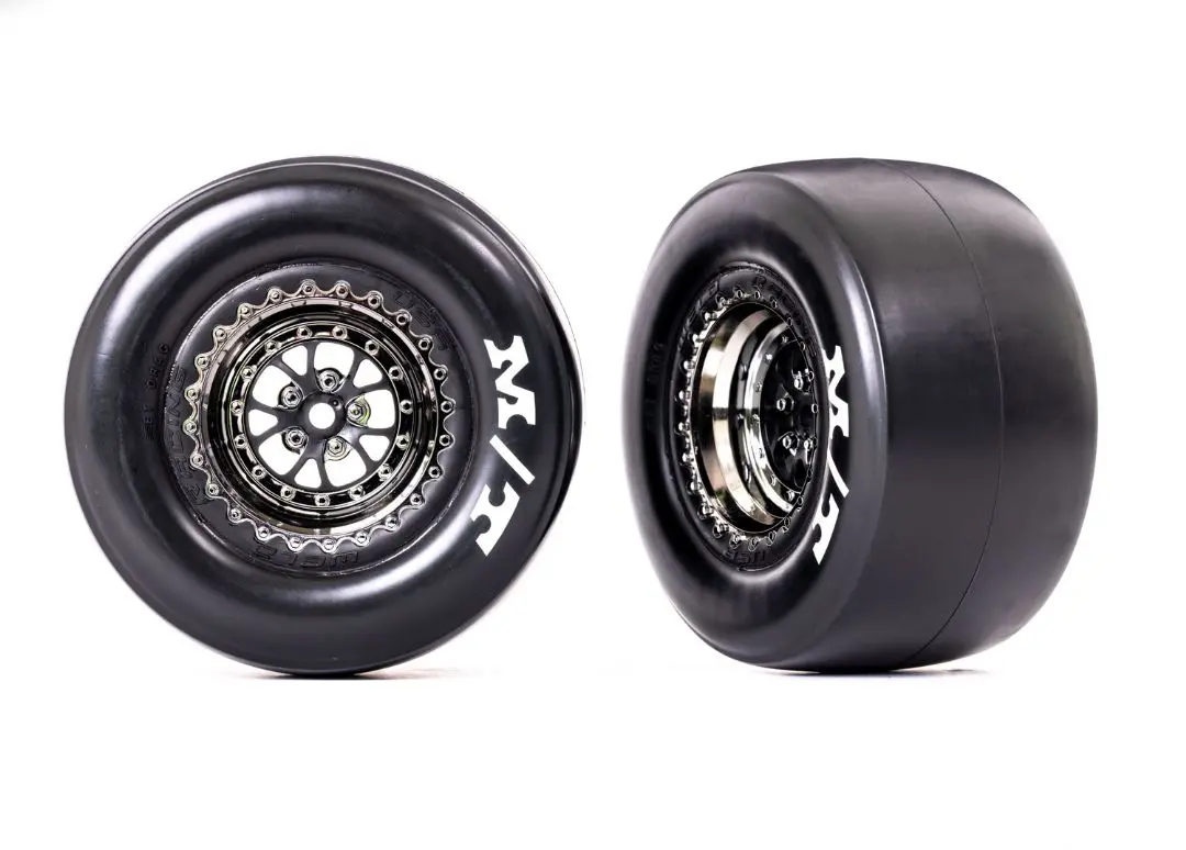 9476X Traxxas Tires & Wheels (Weld Black Chrome) M/T Drag Slicks (2) Tra9476x 1